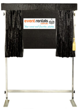 Portable freestanding black velvet curtain and backdrop with the 'eventrentals.com.au' logo displayed on it.