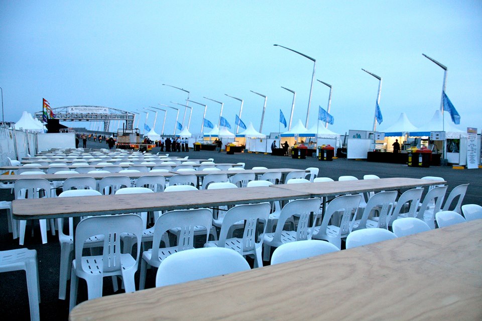 Tables, chairs and tents on Gateway Bridge Brisbane