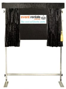 Portable freestanding black velvet curtain and backdrop with the 'eventrentals.com.au' logo displayed on it.