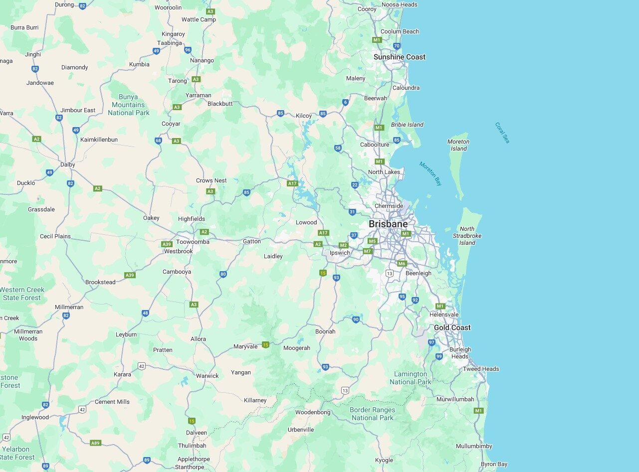 Map of Southeast Queensland, Australia, showing the areas of Brisbane, the Gold Coast, and the Sunshine Coast.